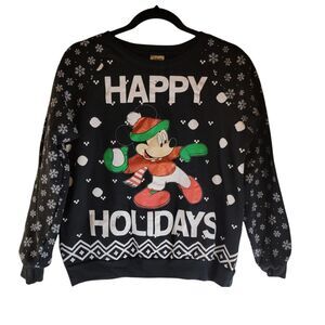 Disney Mickey Mouse Happy Holidays Black Crew Neck ugly sweater sweatshirt small